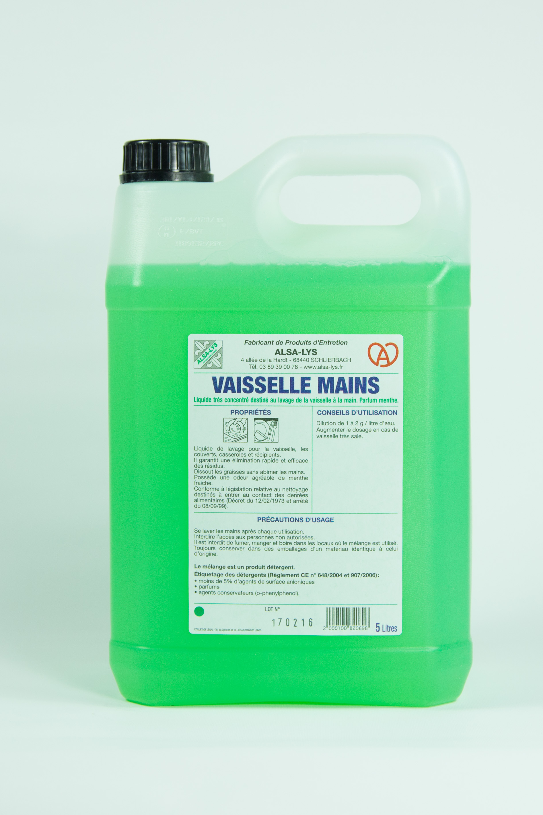 Liquide vaisselle pour lavage main parfum Menthe, 5 Litres